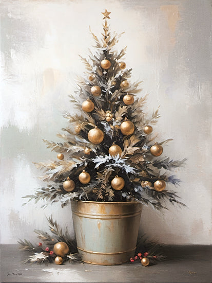 Jo Moulton JO306 - JO306 - Simple Tidings - 12x16 holidays & seasonal, botanical, christmas, trees, christmas tree, ornaments, star, berries, pine, snowy, painterly, moody, oil painting, gold from Penny Lane