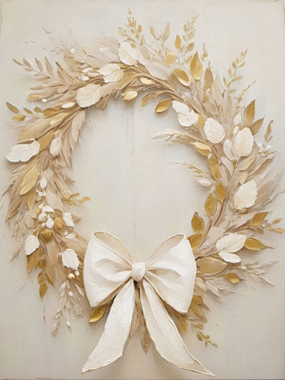 Jo Moulton JO308 - JO308 - Muted Merriment Wreath - 12x16 botanical, holidays & seasonal, leaves, greenery, christmas, winter, wreath, bow, gold, decorative, modern farmhouse, acrylic, neutral from Penny Lane