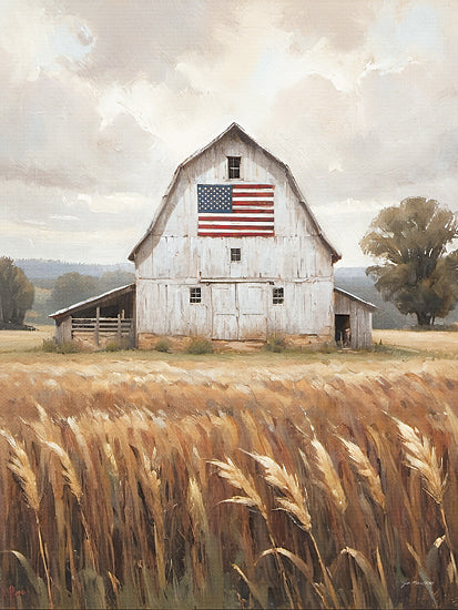 Jo Moulton JO329 - JO329 - Land I Love - 12x16 white barn, American flag, wheat field, amber grain, patriotic farm landscape, rural countryside, farmhouse scene, summer field, Americana wall art, rustic white barn, soft sky, painterly landscape, country pride, pastoral setting, harvest field, vintage patriotic decor from Penny Lane