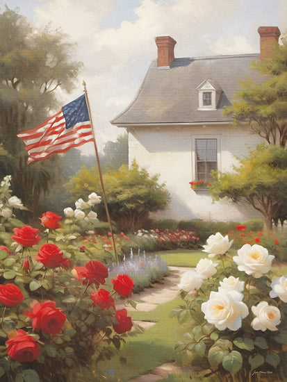 Jo Moulton JO331 - JO331 - Summer Cottage - 12x16 American flag, cottage garden, red roses, white roses, patriotic flowers, classic Americana, lush garden path from Penny Lane