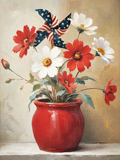 Jo Moulton JO335 - JO335 - Summer Blooms - 12x16 Red flowers, white flowers, patriotic pinwheel, American flag colors, red vase, floral arrangement, rustic decor, celebration, summer, home decor from Penny Lane