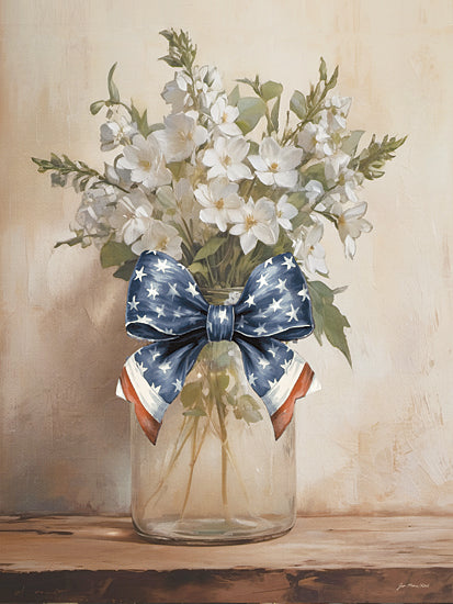 Jo Moulton JO337 - JO337 - Patriotic Jar Bouquet - 12x16 White flowers, mason jar, patriotic bow, rustic decor, farmhouse style, Americana floral, still life, summer decoration from Penny Lane