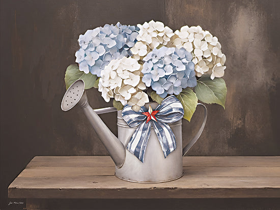 Jo Moulton JO341 - JO341 - Summer Celebrations - 16x12 Watering can, hydrangeas, patriotic bow, farmhouse decor, rustic flowers, blue and white blooms, still life arrangement from Penny Lane