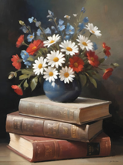 Jo Moulton JO342 - JO342 - Summer Reading - 12x16 daisies in blue vase, red wildflowers, blue blossoms, bouquet on stacked books, vintage books, floral still life, literary decor, colorful cottage flowers, painterly arrangement, classic tabletop art, feminine botanical design, white daisies, old book stack, nostalgic study decor from Penny Lane