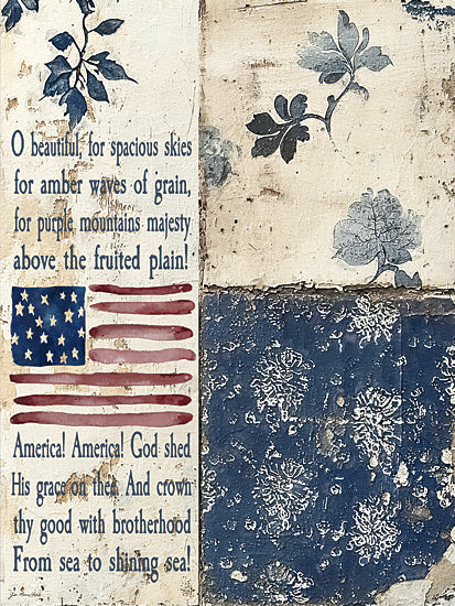 Jo Moulton JO343 - JO343 - God Shed His Grace on Thee - 12x16 America the Beautiful text, patriotic typography, American flag graphic, red white and blue, distressed collage, vintage paper texture, song lyric art, folk stencil style, national anthem inspired, Americana decor, weathered wall art, patriotic sign, botanical motifs, rustic typography panel from Penny Lane