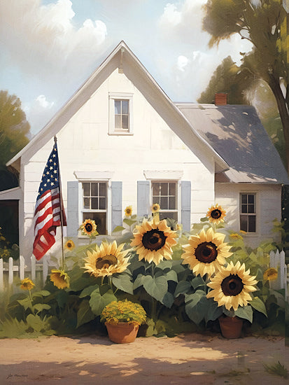 Jo Moulton JO344 - JO344 - Sunflower Cottage - 12x16 white farmhouse, American flag, sunflower garden, summer cottage, picket fence, bright patriotic home, sunflowers in pots, country landscape, Americana farmhouse decor, painterly garden scene, blue shutters, warm sunshine, cheerful rural home, patriotic floral landscape from Penny Lane