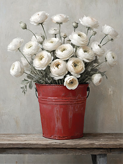 Jo Moulton JO345 - JO345 - Bucket Full of Blooms I - 12x16 white ranunculus bouquet, red metal bucket, rustic bench, farmhouse vignette, neutral wall, textured realism, cozy cottage decor, botanical still life from Penny Lane