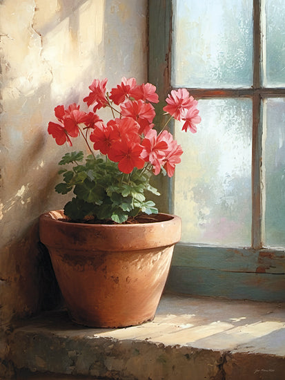Jo Moulton JO348 - JO348 - Sunlit Geraniums - 12x16 botanical, still life, home spaces, floral, geranium, window sill, terracotta pot, sunlight, painterly, vintage, oil painting, red from Penny Lane