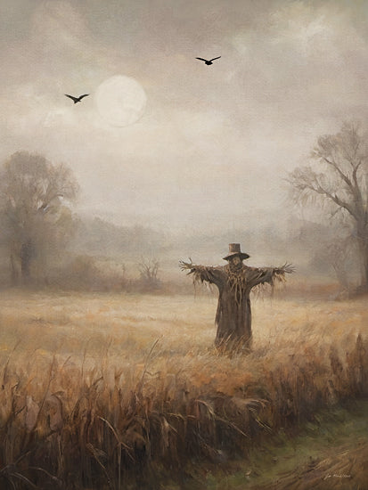 Jo Moulton JO365 - JO365 - Scarecrow at Dusk - 12x16 scarecrow, autumn field, foggy countryside, fall landscape, harvest season, rustic farm scene, birds in sky, muted green tones, misty morning, rural meadow, seasonal decor, painterly texture, soft horizon, eerie calm, farmhouse mood from Penny Lane