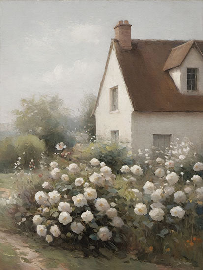 Jo Moulton JO383 - JO383 - Nestled Cottage - 12x16 cottage garden, white house, blooming white roses, spring summer florals, soft pastel landscape, country cottage, farmhouse, romantic, painterly brush strokes, garden flowers, greenery, peaceful, nature, feminine decor from Penny Lane