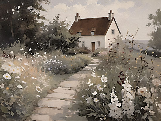Jo Moulton JO385 - JO385 - Serene Garden - 16x12 cottage landscape, winding stone path, wildflower meadow, country house, pastoral scene, soft painterly brushwork, greenery, white flowers, cottagecore, romantic, serene, nature, countryside, summer garden from Penny Lane