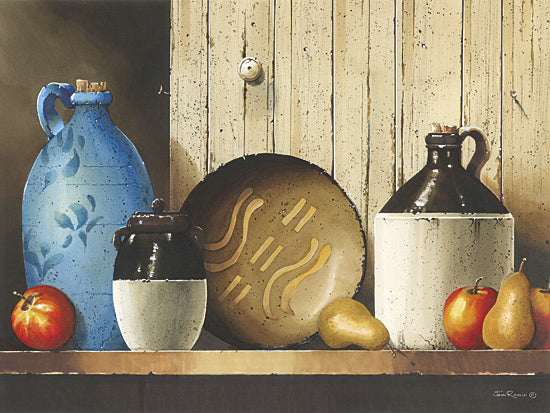 John Rossini JR453 - JR453 - Fruit and Jugs - 16x12 farmhouse crocks with apples and pears, rustic shelf decor, blue jug, enamel bottle, vintage kitchen still life, fruit and pottery arrangement, country cottage style, painterly texture, warm neutral palette, homestead art, simple rustic composition, farmhouse decor from Penny Lane