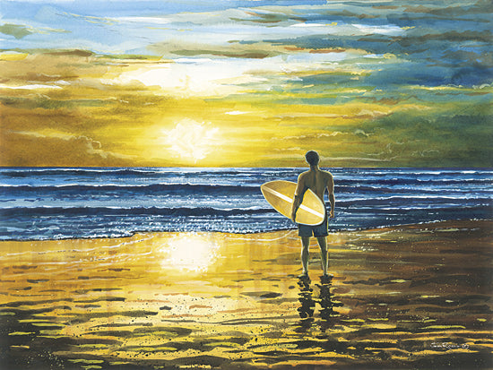 John Rossini JR456 - JR456 - Sunset Ride - 16x12 surfer at sunset, golden beach, ocean waves, surfboard silhouette, coastal sports scene, dramatic sky, reflective shoreline, seaside adventure, painterly sunset seascape, active lifestyle art, beach horizon, inspiring ocean moment, summer sport atmosphere from Penny Lane