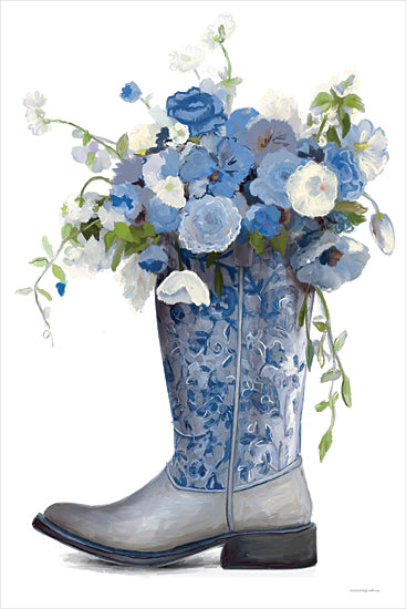 Kamdon Kreations KAM1070 - KAM1070 - Blue Rodeo Queen - 12x18 blue and white floral arrangement, bouquet, chinoiserie, ceramic boot vase, cowgirl boot, western decor, blue roses, hydrangea, ranunculus, garden flowers, soft painterly, white background, cottagecore, feminine, spring decor, still life from Penny Lane