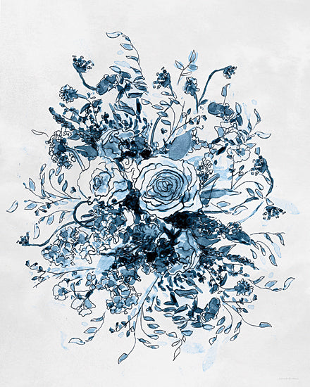 Kamdon Kreations KAM1075 - KAM1075 - The Language of Flowers - 12x16 blue floral bouquet illustration, ink line drawing, watercolor wash, monochrome blue, botanical sketch, loose florals, rose center, wildflowers, airy composition, minimal background, modern farmhouse, decorative wall art, spring from Penny Lane
