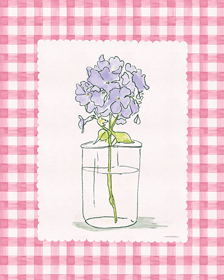 Kamdon Kreations KAM1083 - KAM1083 - Blooming Checks 1     - 12x16 purple hydrangea in glass jar, pink gingham background, simple floral, watercolor sketch, scalloped frame, cottagecore, farmhouse, spring decor, feminine, pattern border from Penny Lane