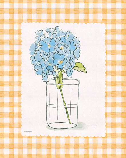 Kamdon Kreations KAM1084 - KAM1084 - Blooming Checks 2      - 12x16 blue hydrangea in glass jar, yellow gingham background, simple floral, watercolor sketch, scalloped frame, farmhouse kitchen, spring decor, cheerful, pattern border, feminine from Penny Lane