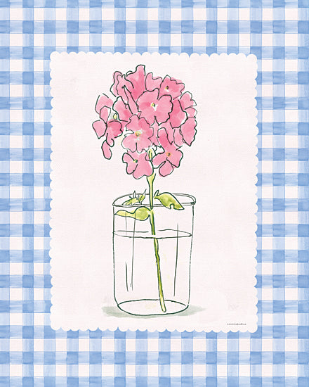 Kamdon Kreations KAM1085 - KAM1085 - Blooming Checks 3    - 12x16 pink hydrangea in glass jar, blue gingham background, simple floral, watercolor sketch, scalloped frame, cottagecore, spring decor, feminine, pattern border, nursery friendly from Penny Lane