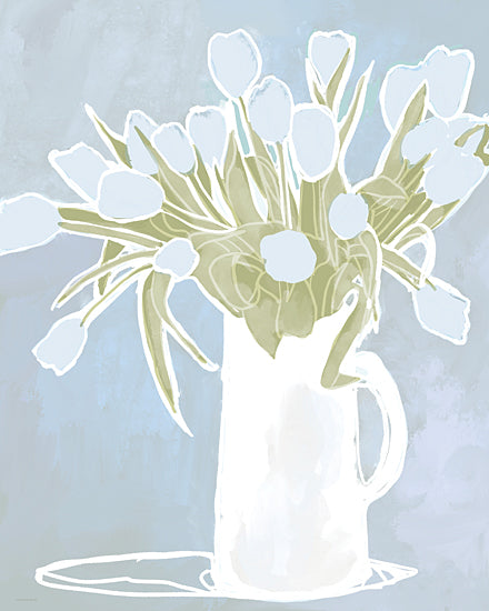 Kamdon Kreations KAM1091 - KAM1091 - Untouched Potential - 12x16 white tulips bouquet in white pitcher, minimal floral silhouette, pastel blue background, modern farmhouse, spring flowers, greenery leaves, soft neutral palette, painterly brush strokes, still life, calming from Penny Lane