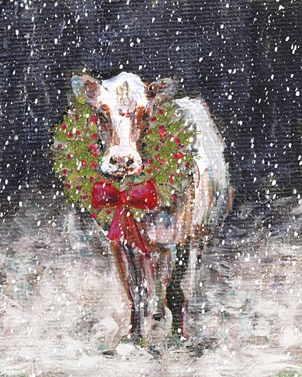 Kamdon Kreations KAM1098 - KAM1098 - Boughs and Bovines - 12x16 animals, holidays & seasonal, farm animals, christmas, winter, cow, wreath, bow, snow, snowfall, painterly, whimsical, acrylic, multicolor from Penny Lane