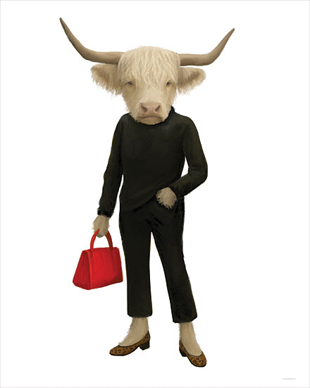 Kamdon Kreations KAM1105 - KAM1105 - Pasture to Parisian 1 - 12x16 highland cow, anthropomorphic cow, long horns, shaggy white hair, black outfit, fashion illustration, red handbag, leopard heels, minimalist white background, whimsical character, modern portrait from Penny Lane