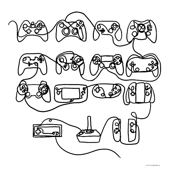 Kamdon Kreations KAM550 - KAM550 - Crazy Electronics - 12x12 continuous line drawing, one line art, gaming controllers, video game controller collection, retro gamepads, console controllers, joystick, handheld game system, wired controllers, minimalist, black and white, modern line art, playful, gamer gift, game room decor from Penny Lane