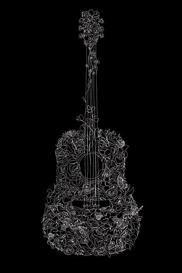 Kamdon Kreations KAM745 - KAM745 - The Sound of Enchantment - 12x18 acoustic guitar, floral guitar, flower illustration, botanical line art, one line drawing, white outline on dark background, minimalist, modern, decorative, music theme, musician gift, contemporary wall art, elegant, feminine floral, monochrome from Penny Lane