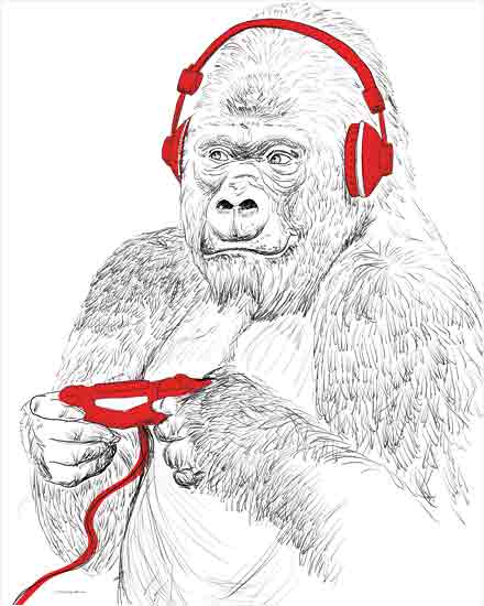 Kamdon Kreations KAM954 - KAM954 - I'm Bananas for Games - 12x16 gorilla, ape, primate, wildlife, animal portrait, sketch illustration, black and white drawing, red headphones, red game controller, gamer, gaming, humorous animal, modern line art, contemporary, playful, masculine from Penny Lane