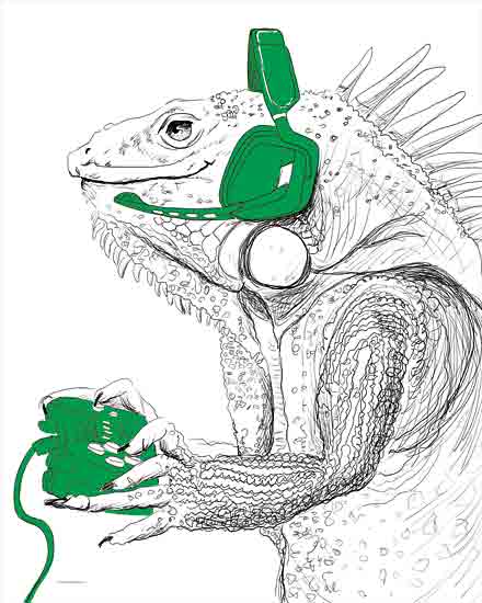 Kamdon Kreations KAM955 - KAM955 - I-guana Game All Day - 12x16 iguana, lizard, reptile, animal portrait, sketch illustration, black and white drawing, green headphones, green game controller, gamer, gaming, humorous animal, modern line art, contemporary, playful from Penny Lane