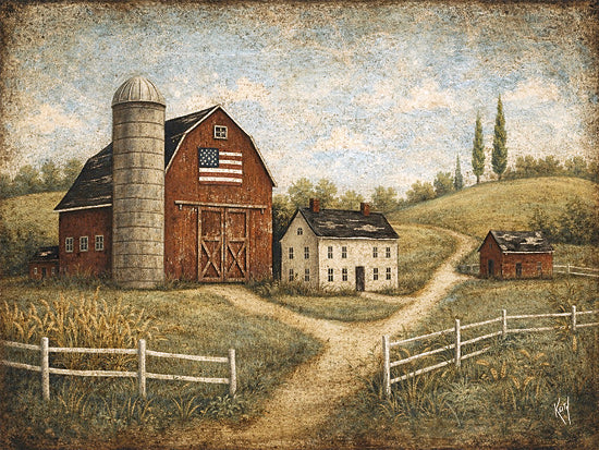 Keith Bowman KB100 - KB100 - American Homestead - 16x12 red barn folk art, farmstead, silo, American flag on barn, country road, white fence, rolling hills, primitive landscape, rustic Americana, vintage rural scene, textured folk painting, farmhouse, pastoral countryside, cornfield, weathered edges, nostalgic farm art from Penny Lane