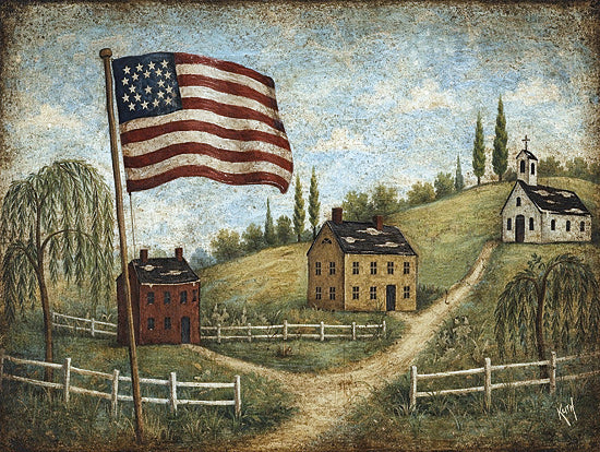 Keith Bowman KB102 - KB102 - Saltbox Village - 16x12 large American flag, folk art village, country church on hill, winding road, white fence, patriotic rural scene, primitive houses, rolling hills, willow trees, Americana landscape, weathered texture, vintage patriotic decor, rustic country art, pastoral path from Penny Lane