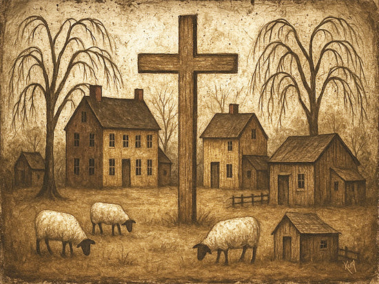 Keith Bowman KB106 - KB106 - The Shepherd's Village - 16x12 large wooden cross, sheep, primitive village, religious folk art, rustic countryside, sepia tones, Christian wall art, faith landscape, country church feeling, lambs grazing, weathered vintage texture, spiritual farmhouse decor, peaceful pastoral scene, humble rural homes from Penny Lane
