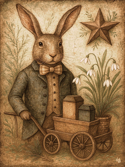 Keith Bowman KB111 - KB111 - The Traveler - 12x16 rabbit holding jar, farmhouse scene, snowdrops flowers, rustic primitive art from Penny Lane