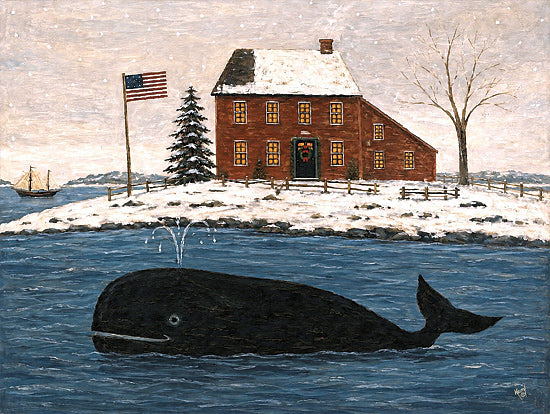 Keith Bowman KB151 - KB151 - Whale of a Christmas - 16x12 animals, coastal, holidays & seasonal, landscape, patriotic & americana, aquatic animals, sea life, nautical, winter, trees, americana, flags & stars, whale, house, snow, ship, pine tree, ocean, folk art, whimsical, oil painting, blue from Penny Lane