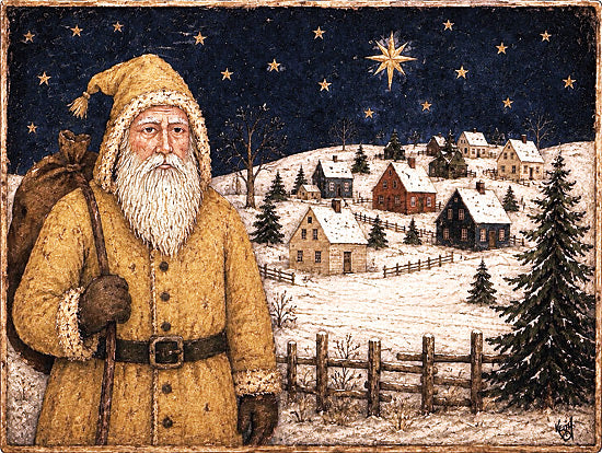 Keith Bowman KB157 - KB157 - Father Christmas - 16x12 holidays & seasonal, landscape, christmas, winter, country, santa, starry night, snow, village, fence, pine trees, folk art, vintage, oil painting, neutral from Penny Lane