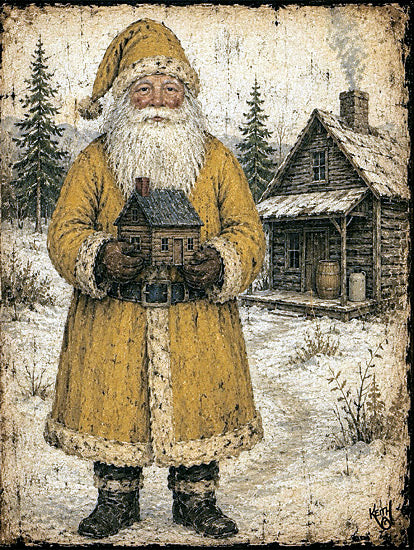 Keith Bowman KB159 - KB159 - The Log Cabin Visitor - 12x16 holidays & seasonal, figurative, landscape, winter, christmas, santa claus, cabin, snow, pine trees, old man, rustic, vintage, folk art, oil painting, yellow from Penny Lane