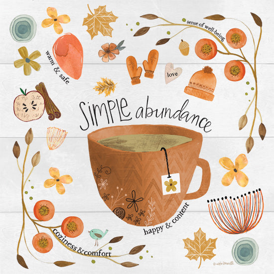 Katie Doucette KD234 - KD234 - Simple Abundance Tea - 12x12 Kitchen, Coffee, Coffee Cup, Inspirational, Simple Abundance, Typography, Signs, Textual Art, Leaves, Flowers, Greenery, Hat, Gloves, Fall from Penny Lane