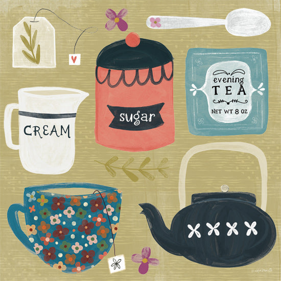 Katie Doucette KD235 - KD235 - Tea Assortment - 12x12 Kitchen, Tea, Teabags, Cream, Sugar, Tea Cup, Tea Kettle, Typography, Signs, Textual Art, Tea Assortment, Folk Art from Penny Lane