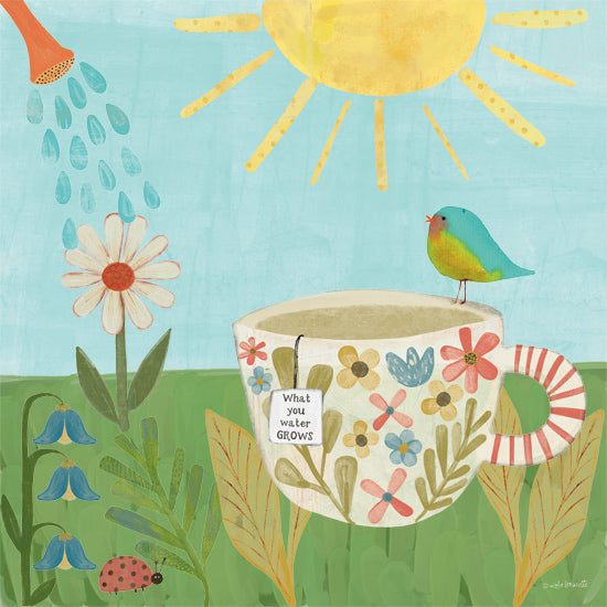 Katie Doucette KD237 - KD237 - Spring Tea - 12x12 Kitchen, Folk Art, Tea, Tea Cup, Inspirational, What You Water Grows, Typography, Signs, Textual Art, Bird, Flowers, Spring, Spring Flowers, Sun, Watering Can from Penny Lane