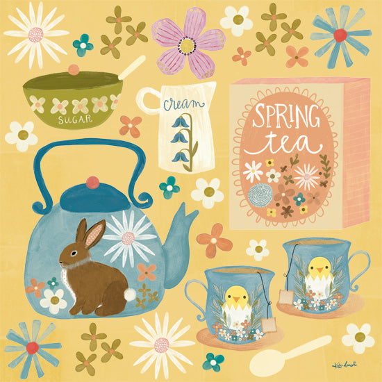 Katie Doucette KD272 - KD272 - Spring Tea - 12x12 spring tea collage, bunny teapot, chick teacups, sugar bowl, creamer pitcher, flower motifs, pastel yellow background, Easter kitchen decor, whimsical tea set, playful spring still life from Penny Lane