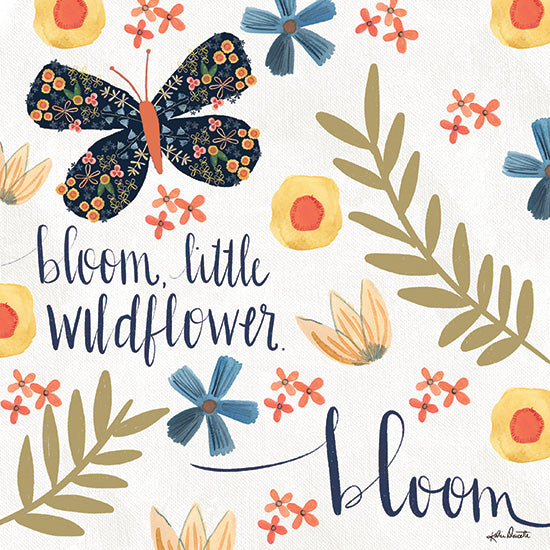 Katie Doucette KD274 - KD274 - Bloom Little Wildflower Bloom - 12x12 bloom little wildflower bloom, butterfly illustration, scattered flowers, leafy stems, motivational phrase, whimsical garden art, soft folk style, spring floral pattern, hand-lettered typography, feminine nature decor from Penny Lane
