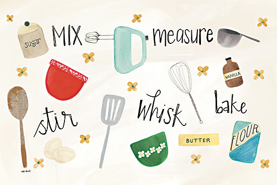 Katie Doucette KD275 - KD275 - Mix, Measure, Stir, Whisk & Bake - 18x12 mix measure stir whisk bake, baking utensils collage, mixer attachment, measuring cup, whisk, vanilla bottle, flour bag, butter stick, eggs, kitchen word art, whimsical baking illustration from Penny Lane