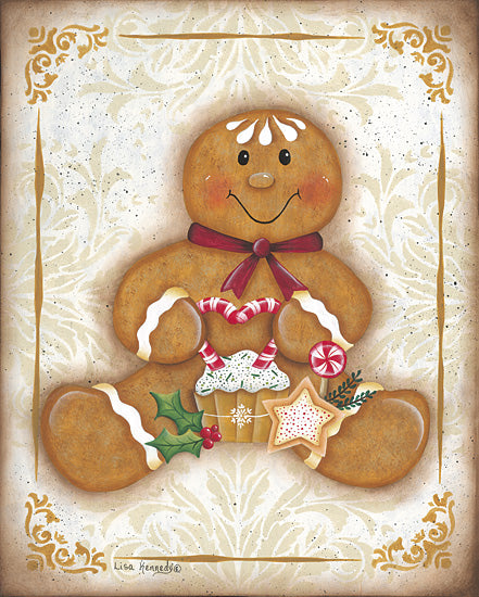Lisa Kennedy KEN1345 - KEN1345 - Gingerbread Sweets - 12x16 gingerbread man holding candy cane heart, cupcake and star cookie, vintage Christmas illustration, warm neutral damask background, holiday baking theme, whimsical seasonal character, festive folk art, candy and sweets decor, nostalgic gingerbread art from Penny Lane