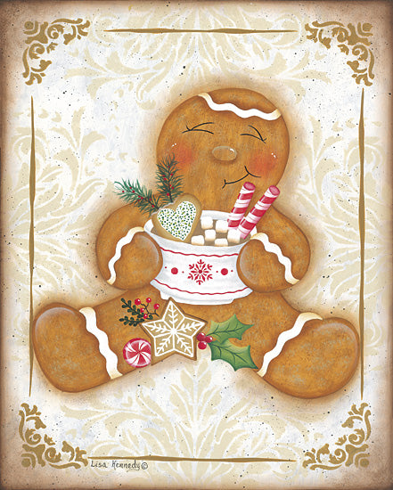 Lisa Kennedy KEN1346 - KEN1346 - Gingerbread Cookies & Cocoa - 12x16 gingerbread cookie with hot cocoa bowl, marshmallows, peppermint sticks, holly and star cookie, vintage holiday art, cozy Christmas baking scene, whimsical seasonal decor, neutral damask background, nostalgic candy illustration from Penny Lane