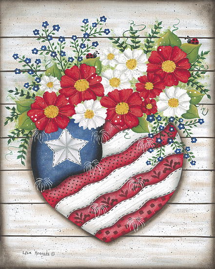 Lisa Kennedy KEN1349 - KEN1349 - I Love USA - 12x16 patriotic heart, american flag, flowers bouquet, red white blue, daisies, wildflowers, ladybugs, rustic wood background, folk art, americana decor, summer from Penny Lane