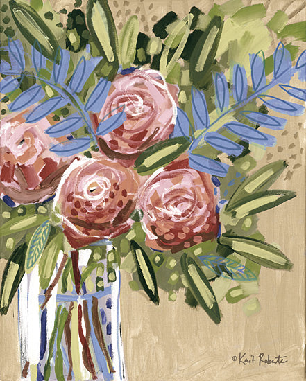 Kait Roberts KR897 - KR897 - Fun Floral - 12x16 pink roses, striped vase, tan neutral background, blue leafy stems, floral still life, painterly bouquet, modern farmhouse floral, decorative wall art, soft romantic palette, contemporary painting, loose brush strokes, feminine home decor, botanical arrangement from Penny Lane