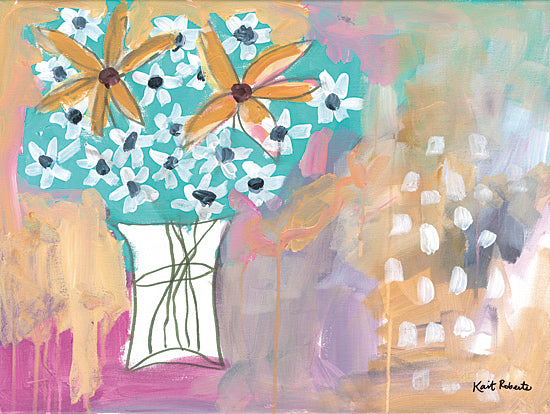 Kait Roberts KR905 - KR905 - Painted Thoughts - 16x12 daisies, white flowers, mustard blooms, mint vase, abstract floral arrangement, pastel modern art, whimsical bouquet, soft drips, contemporary still life, painterly flowers, decorative floral wall art, feminine color palette, airy composition from Penny Lane