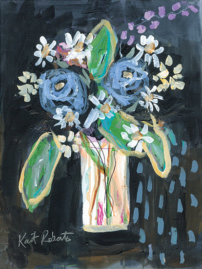 Kait Roberts KR907 - KR907 - I'll Be Seeing You - 12x16 blue roses, white daisies, dark background, dramatic floral bouquet, glass vase, moody still life, contemporary flower painting, expressive leaves, painterly texture, decorative floral art, bold contrast, elegant bouquet, night garden feel from Penny Lane