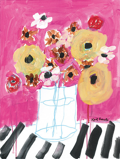 Kait Roberts KR909 - KR909 - Dreamer - 12x16 yellow and blush flowers, white vase outline, hot pink background, modern floral art, expressive bouquet, abstract petals, contemporary still life, painterly brush strokes, decorative wall art, feminine color palette, bold floral composition, playful drips from Penny Lane