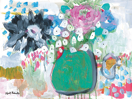 Kait Roberts KR913 - KR913 - Don't Worry About a Thing - 16x12 teal vase, pink bloom, black flower, white buds, abstract floral painting, contemporary bouquet, expressive composition, pastel mixed colors, decorative still life, painterly texture, modern floral art, soft mint and blue tones, whimsical arrangement from Penny Lane